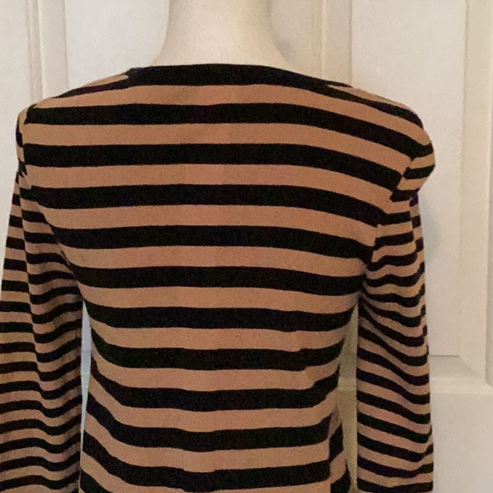 Cabi Black & Tan Striped Sweater w/ Ruffle on Cuff Top & Thumbhole Cuffs - Picture 7 of 9